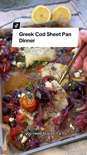 Super Flavorful Greek Cod Filets- this is loaded with so much Mediterranean flavors and one sheet pan meals are always a win-win! Ingredients: 4 Cod Filets (almost 2 lbs) 1 lbs cherry tomatoes 1 cup Kalamata olives, pitted 1 medium red onion, thinly sliced 4 garlic cloves 2 cups spinach, fresh (roughly chopped) 2 oz @dodoni_international feta cheese 1/2 lemon, sliced 1/2 cup white wine 1 tsp oregano 1 tsp salt 6 tbs olive oil The zest of 1 lemon Black pepper, to taste Dill for garnish Method: 1.