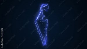 3D Neon Blue Israel Map Borders Outline Loop Background. Neon Blue Colored Israel Map Borders Outline Seamless Loop Dark Background. Israel Neon Map Borders Outline.