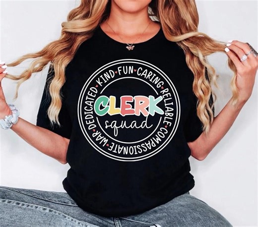 Clerk Squad Shirt, Retro Office Clerk Gift, Fun Dedicated Kind Caring Clerk T-Shirt, Administrative Assistant Tee, School Clerk Squad Outfit