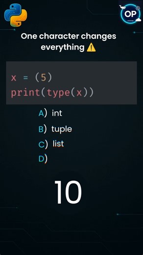 OneMinOps | Python • AI • DSA on Instagram: "Python Mind Game 🧠 Parentheses can be misleading 👀 Most people answer this confidently… and still miss it. Comment the answer 👇 Explain WHY 👇 [python, tuple, parentheses, comma, data types, python basics, syntax vs semantics, coding logic] #python #learnpython #programming #pythonreels #oneminops"