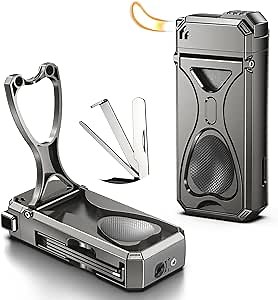 Pipe Lighter ，4 in 1 Soft Flame Lighter with Pipe Stand, 3 Collapsible Pipe Cleaning Tools, Refillable Butane, Men's Pipe Set Gift (Grey)