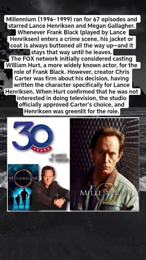 Millennium (1996–1999) ran for 67 episodes and starred Lance Henriksen and Megan Gallagher