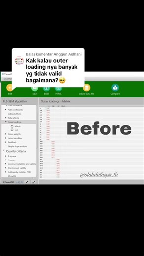 Membalas @Anggun Ardhani Dalam outer model kita mengenal Loading Faktor. Nilai loading faktor menunjukan korelasi antara indikator dengan konstruknya. Indikator dengan nilai loading yang rendah menunjukan bahwa indikator tersebut tidak bekerja pada model pengukurannya. nilai loading yang diharapkan > 0.7. Hasil outer loading yg berwarna merah menunjukkan data tidak valid (solusi nya adalah item harus dibuang atau dijadikan valid) #olahdataskripsi #olahdatastatistik #jokismartpls #smartpls4 #smar