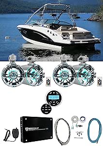 Rockville WB65KLED Bundle: (4) 6.5 in 300-Watt Peak/150-Watt RMS 4Ω Marine Wakeboard LED Tower Speakers, RGHR2 Gauge Receiver w/Wired Remote, Krypton MF3 400-Watt RMS Amp, RMWK4 Kit, 7-Items