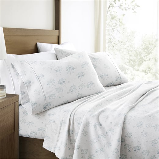 100% Cotton Flannel Bed Sheets Set for Queen Size Bedding in Flower Bunch Light Blue by Comfort Canopy
