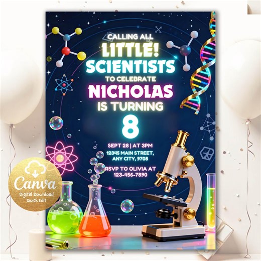 Mad Science Experiment Birthday Invitation, Science Experiment Invitation, Boy Science Party, Science Party, Editable Canva Template MSB3 - Etsy