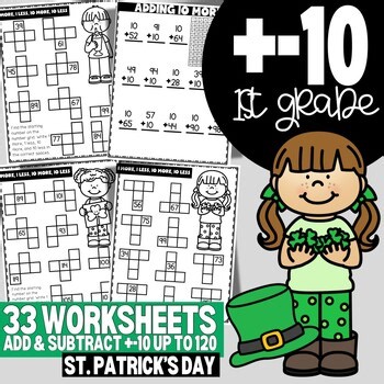 St. Patrick’s Day Mental Math Worksheets | 10 More 10 Less | 1st Grade
