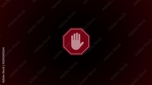 Animated stop hand octagon sign on dark background with red glow. Cinematic scale-up fade effect. Ideal for halt, road safety, restriction, dramatic scenes. 16:9 landscape.