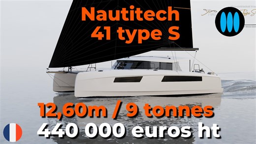 L'actualité nautique aujourd'hui nous vient du Multihull boat Show, ou Nautitech a levé le voile sur le Nautitech 41 Type S, le nouveau modèle d'accès à la marque française de catamarans de propriétaires. Remplaçant le Nautitech 40 Open, le 41 Type S mesure 12,60m de longueur hors tout pour un poids lège de 9 tonnes seulement ! Il se distingue par une conception modulaire et évolutive, axée sur la personnalisation structurelle et intérieure. Il intègre un cockpit ergonomique ouvert sur un carré 