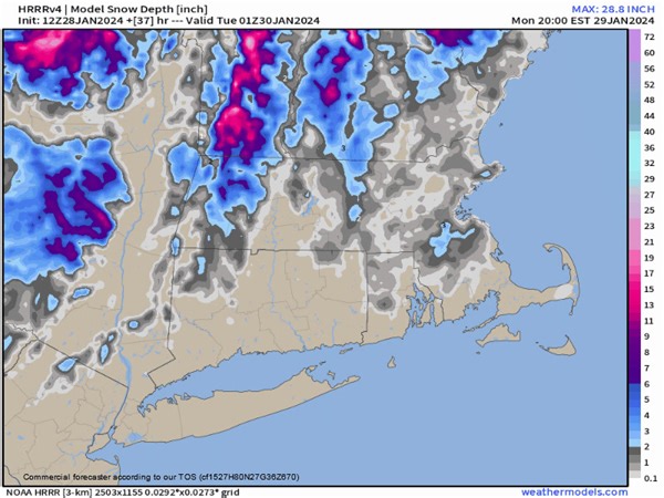 Here's the snow depth map through time from the HRRR model from 10 AM today to 8 PM tomorrow: | My Personal Weatherman