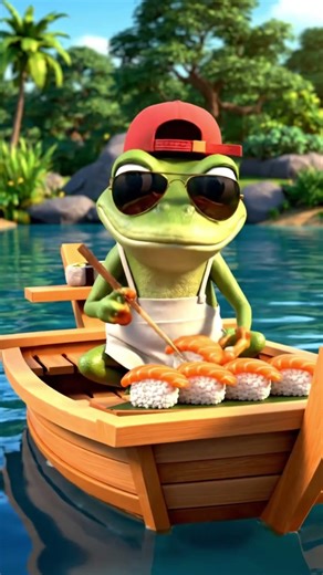 Bro Frog cooking sushi on a floating boat with chill humor and playful chopstick tricks
