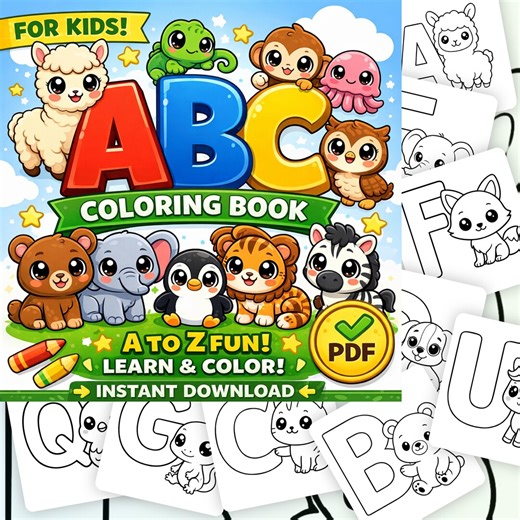 Alphabet Coloring Pages for Kids A-Z Printable PDF | ABC Animals Coloring Book | Preschool Learning Worksheets | Kawaii Coloring Pages - Etsy