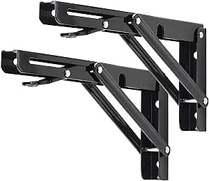 YUMORE Folding Shelf Brackets, 10 Inch Heavy Duty Collapsible Shelf Bracket, Black DIY L Bracket for Workbench Folding Table Hinge, Max Load: 330lb, 2 Pack
