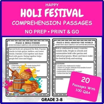 Holi Day Reading Comprehension Passages | Festival of Colors | Grades 3–8