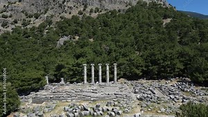 Ruins of Athena Temple in Destroyed Ancient City of Priene in Spring Day, Aydin - Turkey