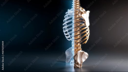 A skeleton is shown in two different poses, one of which is a side view of the spine. Concept of contrast and duality, as the two different poses of the skeleton are juxtaposed against each other