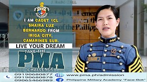TAKE THE PMA CHALLENGE: Meet Cadet Captain First Class Shaira Luz Bernardo, the Deputy Brigade Commander of the Cadet Corps of the AFP. She hails from Santiago, Iriga City in the Province of Camarines Sur, and encourages her fellow Bicolanos, as well as every female and all Filipino youth to live their dream and be a PMA cadet. For more information on application for this year's PMA Entrance Examination, you may visit our website https://www.pma.ph or check these links: 1) For online application