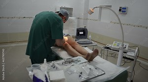 Surgeon operating patient leg. general view of the operating