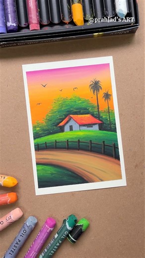 Easy Sunset Landscape Drawing with Oil Pastels 🌅 | Step-by-Step Tutorial