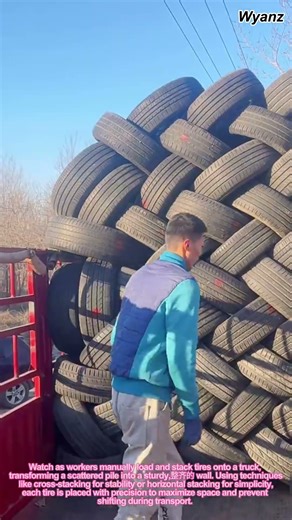 Satisfying Tire Stacking: How Workers Build Perfect Tire Walls by Hand