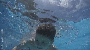 Little Boy diving & Playing in Swimming Pool - For videos about: swimming, pools, summer fun, vacation, getaways, underwater footage, kids, beating the heat, and exercise.