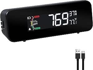 CO2 Monitor Portable CO2 Meter, 0~5000ppm Carbon Dioxide Detector Measure CO2, Temp, Humidity, Air Quality CO2 Monitor with Indicator & Buzzer Alarm, Rechargeable CO2 Detector for Travel, Home, Hotel