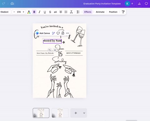 Graduation Party Invitation Template, Prosecco Grad Cap, Hand Drawn Style Personalized Digital Invite - Etsy