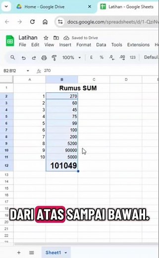Menggunakan Rumus SUM untuk menjumlahkan beberapa data di spreadsheet excel. =SUM(B2:B11)