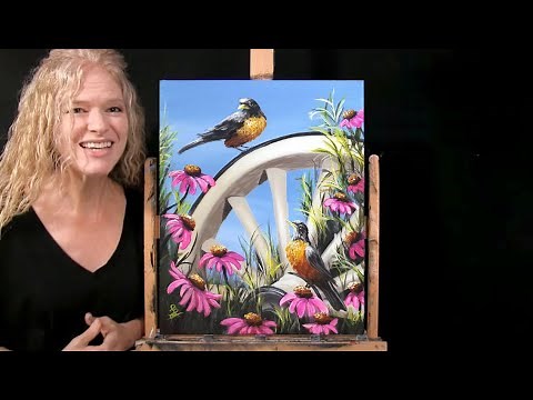 Learn How to Draw and Paint "BIRDS and WAGON WHEEL" with Acrylics- Fun Easy Art Tutorial-TIME LAPSE