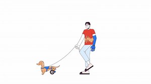 Korean man and dog on walking wheels line 2D character animation. Disabled animal care flat color cartoon 4K , alpha channel. Man with prosthetic arm and pet animated person on white background