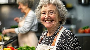 A senior with a disability attends a cooking class designed for older adults, smiling as they learn new recipes.