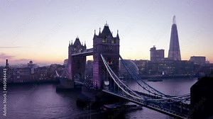 Day to night city timelapse of Tower Bridge and the London skyline (England). Clear skies and a beautiful time lapse. 10-bit ProRes 422 (HQ) from RAW source.