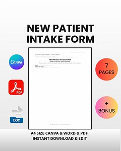 New Patient Intake Form | Medical History Questionnaire (canva, Word, PDF) - Etsy UK