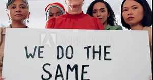 Women, equal pay and gender equality protest poster standing for empowerment and justice support. Diverse group, freedom banner and fight discrimination lifestyle or change motivation vision
