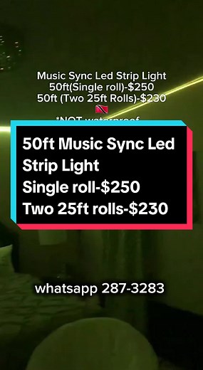 RGB Music Sync led strip light 50ft (single roll) RGB Music Sync Strip Light -$250 50ft (Two 25ft rolls) RGB Music Sync led strip light -$230 65ft (single roll) RGB Music Sync Strip Light -$260 *These are not the Govee Rgbic/Chasing effect strip light What's in the box? •1 Led Strip Light ×1(1 complete roll) • 24V Power Adapter ×1 • IR Remote Control ×1 • User Manual × 1 • Controller × 1 Indoor Usage not waterproof Special Feature: Music Light Source Type: LED Power Source: AC/DC LED Distance: E