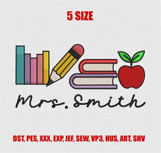 Personalized Teacher Name Embroidery Design, Teacher Books Pencil Apple, Back to School Teacher Gift Embroidery File, Made to Order, 5 Sizes - Etsy
