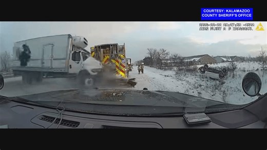 Dramatic video shows box truck hitting several emergency vehicles on interstate