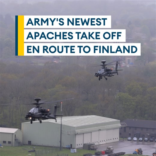137K views · 1.9K reactions | Check out this stunning view of the Army’s new Apache AH-64Es as the attack helicopter takes off from Wattisham Flying Station  They’re part of a fleet of 15 RAF and Army helicopters heading to Finland for Exercise Steadfast Defender 24   Watch here  | Forces News | Facebook