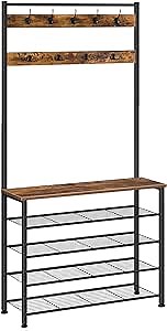 HOOBRO Hall Tree, Coat Rack with Shoe Rack, Hall Tree with Bench, 5 Tier Shoe Storage Organizer with 9 Hooks for Entryway, Closet, Sturdy, Industrial, Rustic Brown and Black BF80MT01G2
