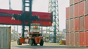 4K footage of moving forklift carrying container at port stock video.