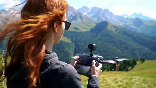 Woman drone pilot flying aerial machine with remote control in mountain landscape for outdoor video and photography.