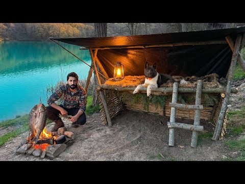 3 DAYS solo survival with My Dog ; Catch and Cook, Primitive Fishing. Bushcraft Shelter Camping