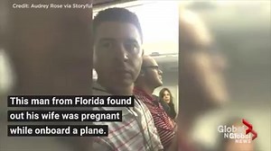 Florida husband reacts to the news that his wife is pregnant while onboard a plane. READ MORE: https://trib.al/t91cMyt | Global News