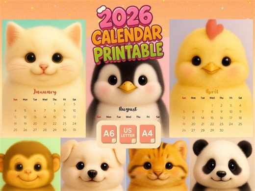 2026 Cute Animals Kids Calendar – Printable A4 • A6 • US Letter | Kawaii Baby Animal Wall/desk Pdf.cute Baby Animals - Etsy