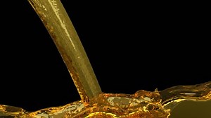 Animated pouring automotive oil or engine oil and splashing quickly filling up whole container against transparent background. Liquid has no transparency.