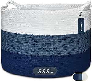 COMSE Extra Large Blanket Basket, Woven Laundry Basket, 21.7”x 13.8”, Nursery Hamper, Cotton Rope Laundry Hamper Living Room for Storage Toys Clothes Towels (White & Cadet Blue & Navy Blue)