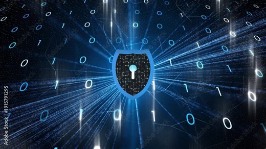 Rotating 3D digital shield with keyhole at center, surrounded by streaming binary code and glowing data rays in a futuristic cybersecurity concept.