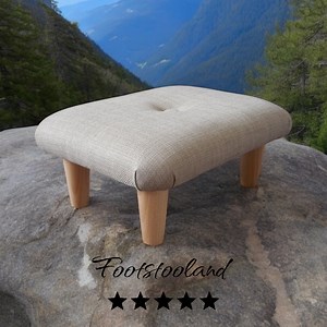 Buttoned Linen Look Footstool: Solid Wood Legs, Upholstered Footrest. SD - Etsy UK