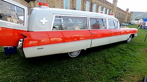 Rick Duffy's two-tone white & red '64 Miller Meteor Classic 42 ambulance walk around at Hearsemania. This model carried a $10,845 base price when new. #funetorium #funeralfinds #ambulancehistory #vintagecoach #coachbuilt #millermeteor #cadillac #classic #ambulance #procar #hearsemania #westvirginia | Funetorium