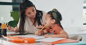 Mother, child and homework with frustrated teaching or adhd distraction at desk or overwhelmed, discipline or school. Parent, daughter and writing project or autism concentration, unhappy or pressure